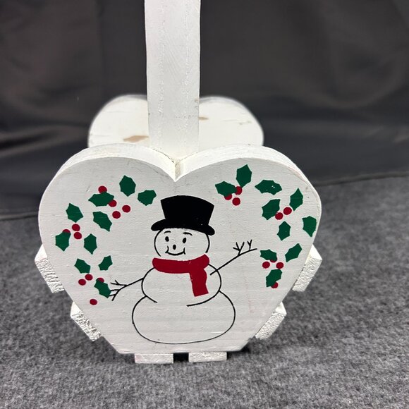 Vintage Sawmill Critters Handpainted Heart Shaped Snowman Christmas Wood Basket - Picture 2 of 6